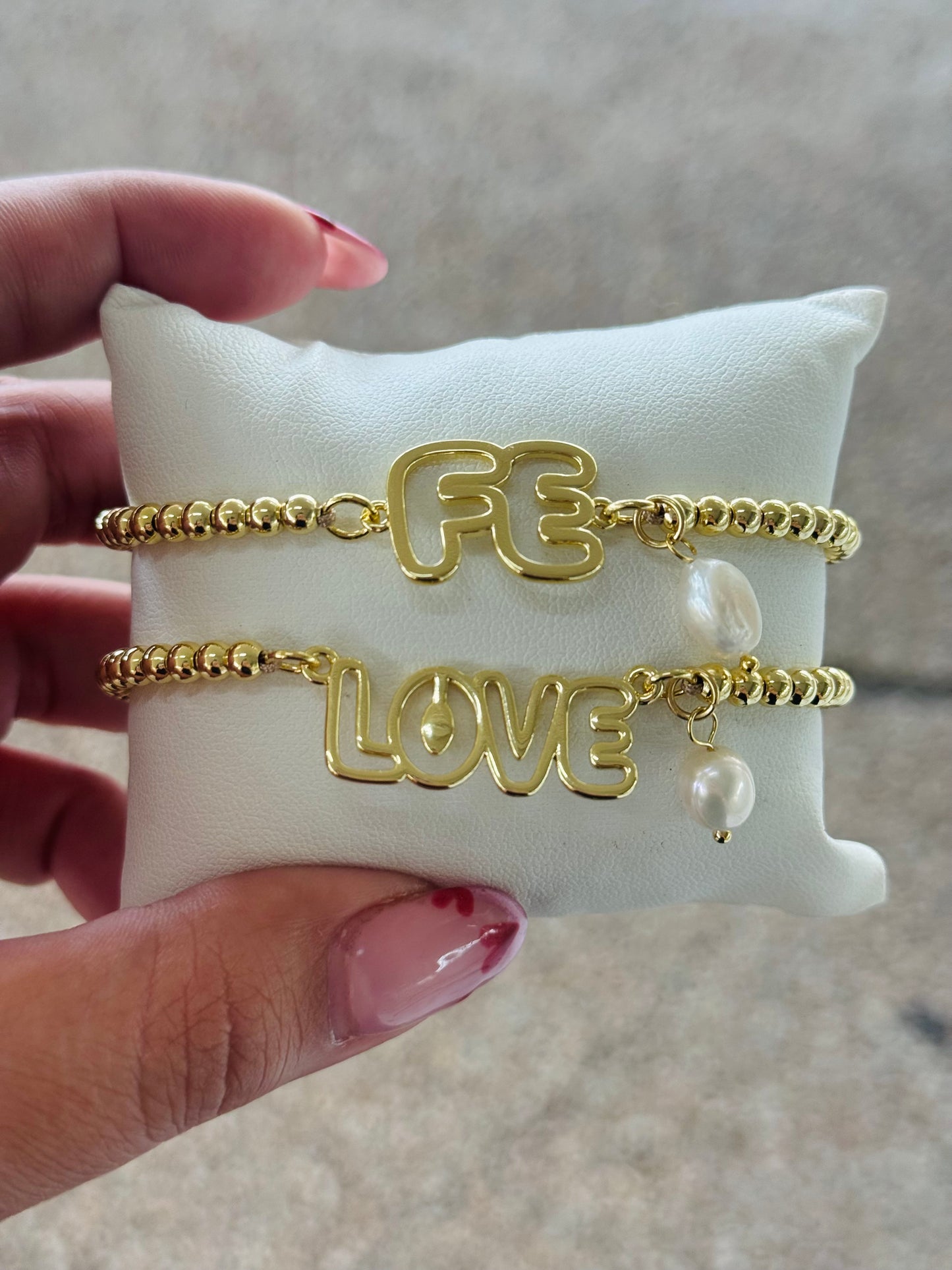 Love / Faith Handmade Thread Bracelet – Gold Plated Charm & Freshwater Pearl