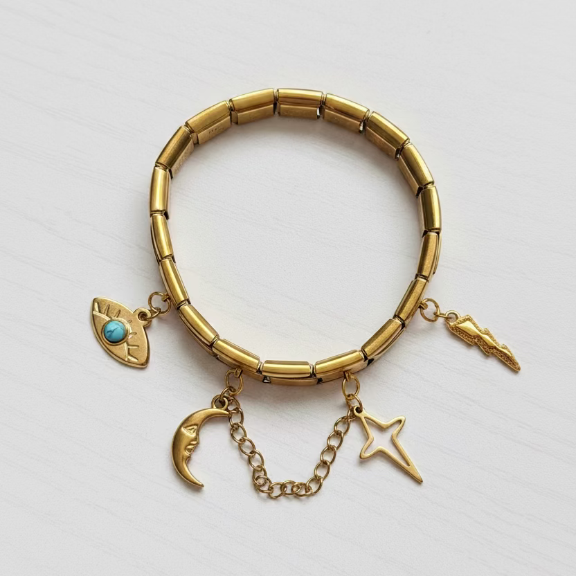 Italian Charmed Bracelet – 18K Gold PVD Stainless Steel Bracelet with 4 Charms | Italian Style Charm Bracelet