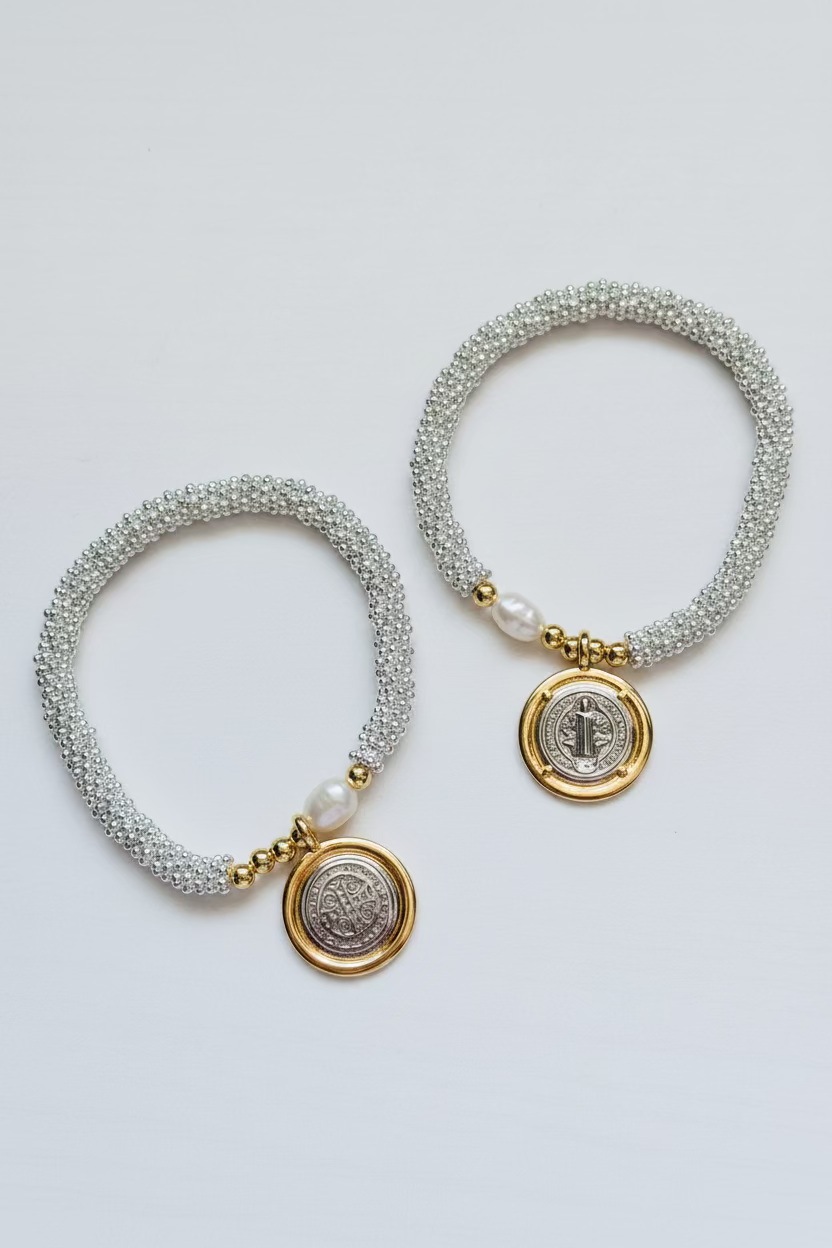 Benedicto Dual Charm Bracelet | Fresh Water Pearl 18k Gold Plating Bracelet