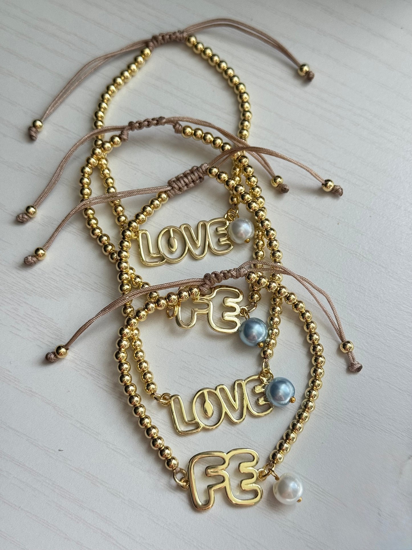 Love / Faith Handmade Thread Bracelet – Gold Plated Charm & Freshwater Pearl