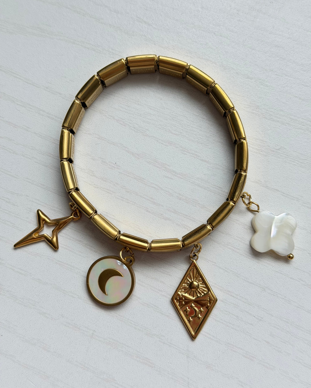 Italian Charmed Bracelet – 18K Gold PVD Stainless Steel Bracelet with 4 Charms | Italian Style Charm Bracelet