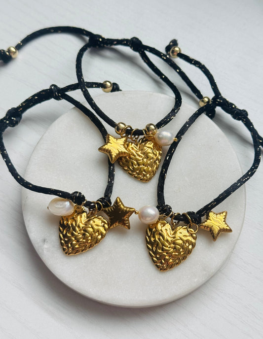 Midnight Handmade Thread Bracelet – Pearl, Heart or Star Charm