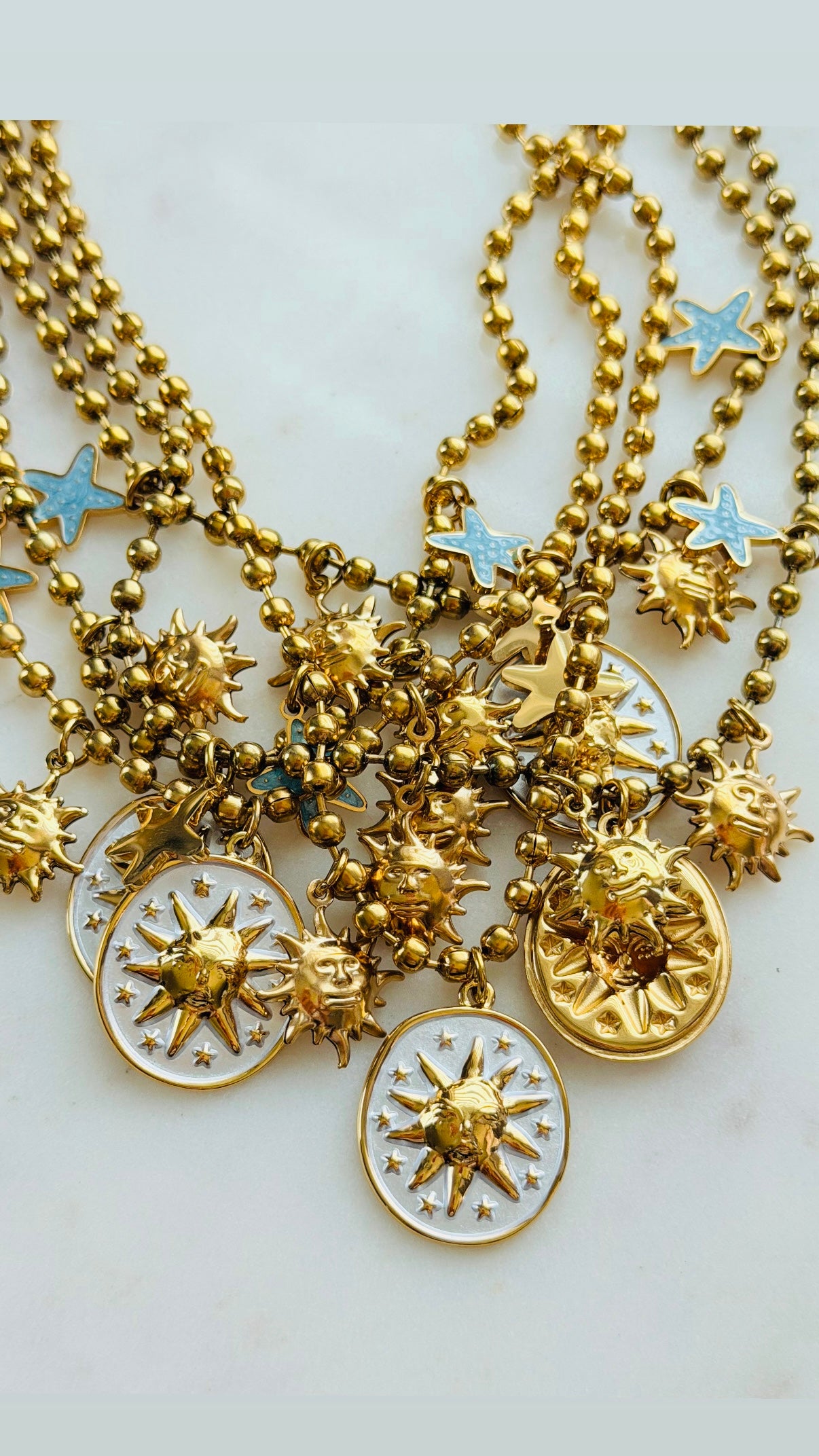Sunny Charmed Necklace | Military Beads Sun & Star Charm Necklace