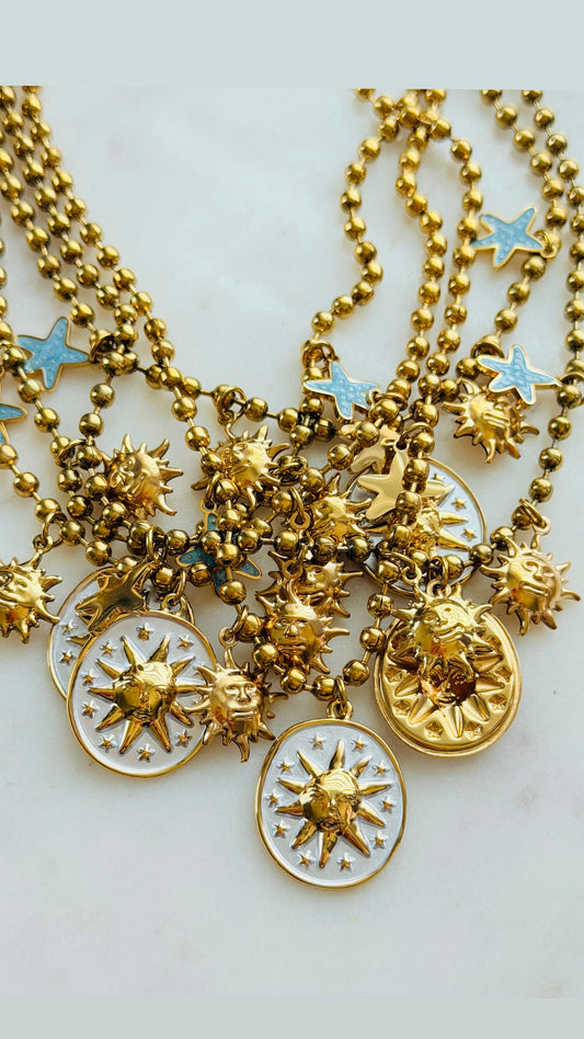 Sunny Charmed Necklace | Military Beads Sun & Star Charm Necklace