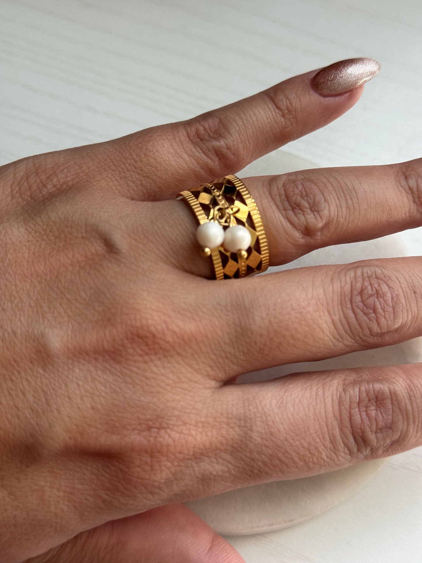 Aria Pearl Statement Ring – Geometric Open Band in Stainless Steel