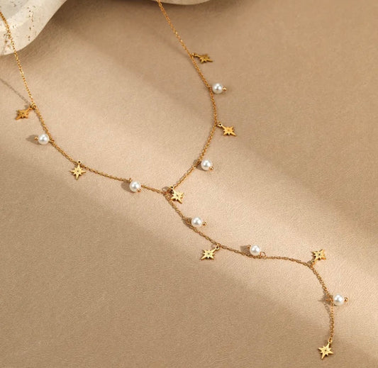 Ariadna Lariat – 18K Gold Plated Pearl & Star Drop Necklace