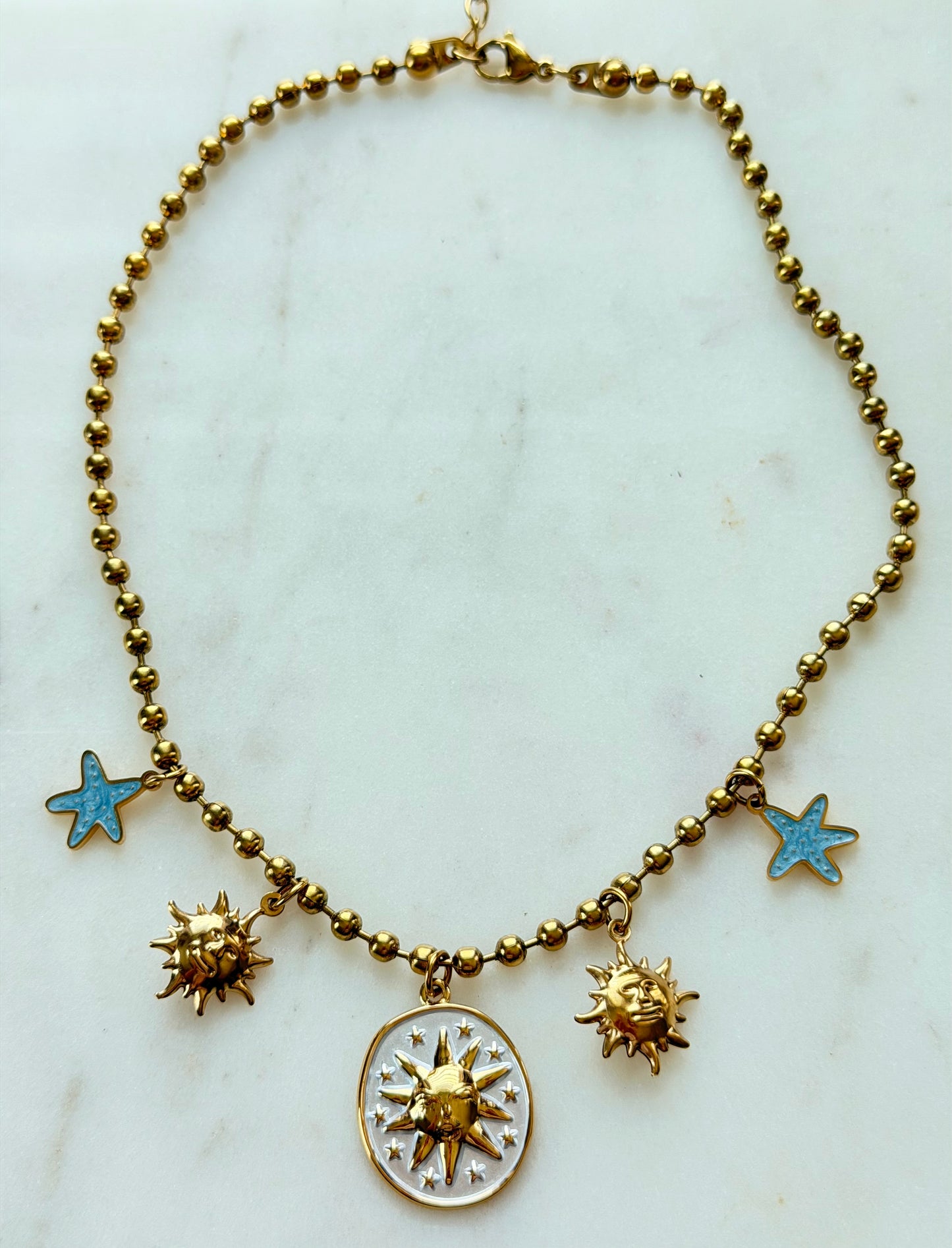 Sunny Charmed Necklace | Military Beads Sun & Star Charm Necklace
