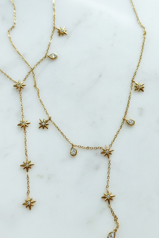 Ariadna Lariat 2.0 – 18K Gold Plated Pearl & Star Drop Necklace