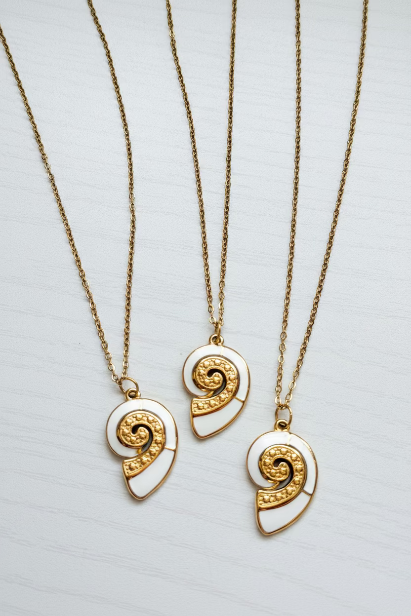 Dalai Necklace – Shell-Inspired Pendant in 18K Gold PVD Stainless Steel with White Accent Detailing