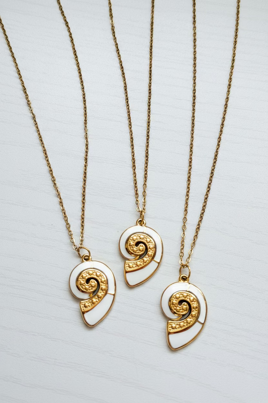 Dalai Necklace – Shell-Inspired Pendant in 18K Gold PVD Stainless Steel with White Accent Detailing