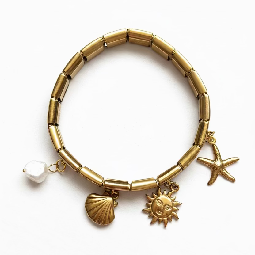 Italian Charmed Bracelet – 18K Gold PVD Stainless Steel Bracelet with 4 Charms | Italian Style Charm Bracelet