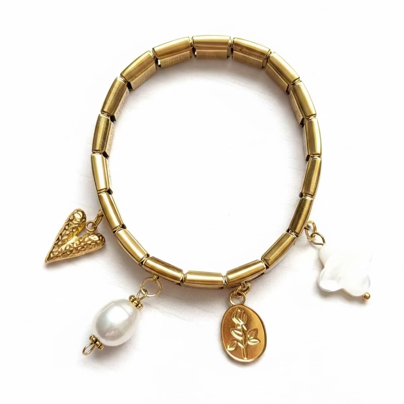 Italian Charmed Bracelet – 18K Gold PVD Stainless Steel Bracelet with 4 Charms | Italian Style Charm Bracelet