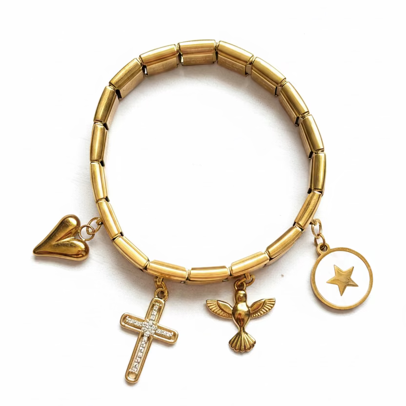 Italian Charmed Bracelet – 18K Gold PVD Stainless Steel Bracelet with 4 Charms | Italian Style Charm Bracelet