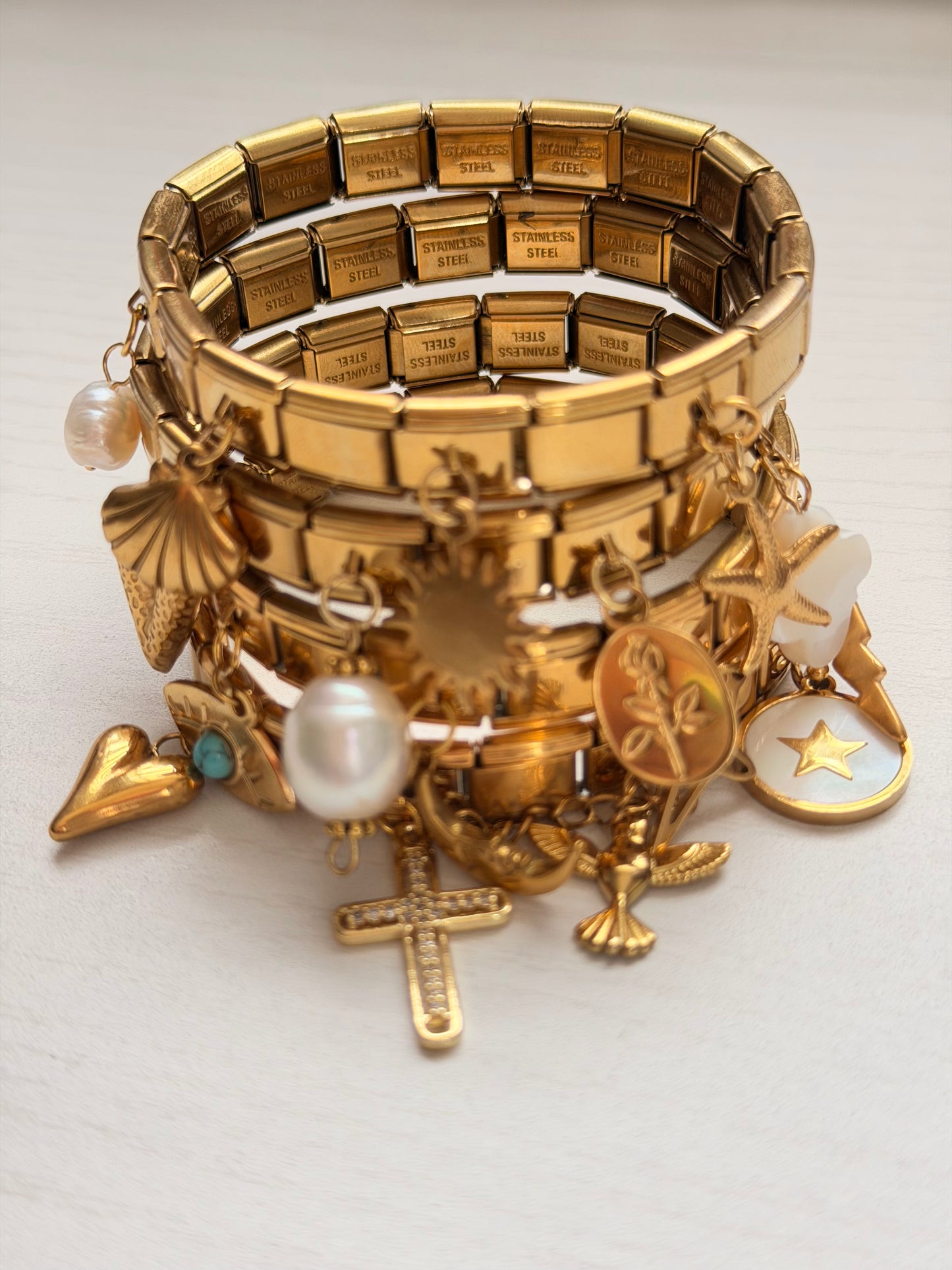 Italian Charmed Bracelet – 18K Gold PVD Stainless Steel Bracelet with 4 Charms | Italian Style Charm Bracelet