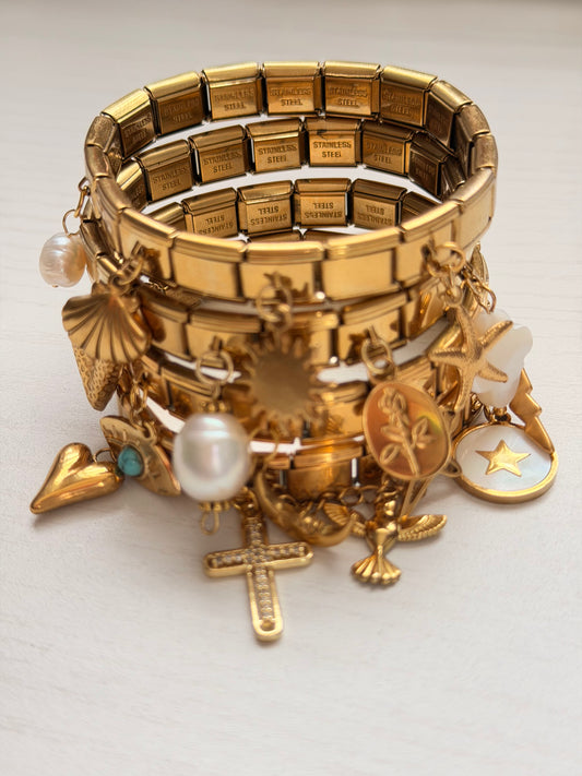 Italian Charmed Bracelet – 18K Gold PVD Stainless Steel Bracelet with 4 Charms | Italian Style Charm Bracelet