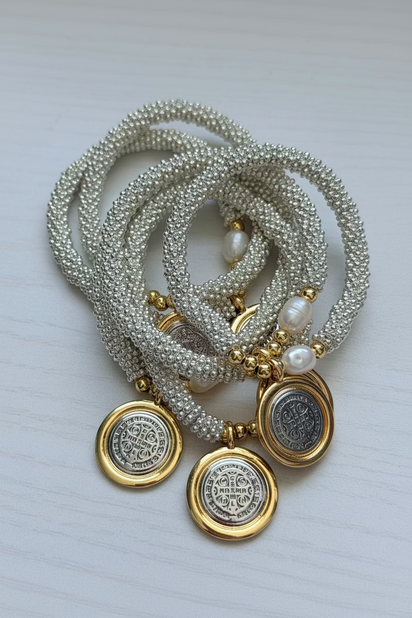 Benedicto Dual Charm Bracelet | Fresh Water Pearl 18k Gold Plating Bracelet
