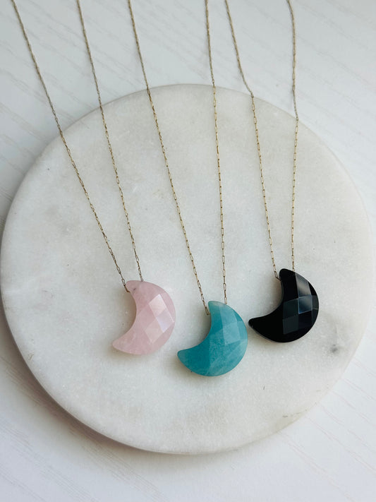 Moon Gemstone Necklace- Titanium Steel Plated Crescent Moon Pendant (Agate, Amazonite, Quartz)