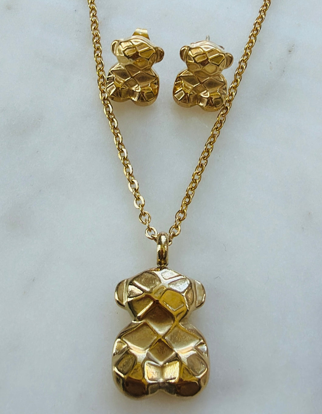 Teddy Éclat Set – 18K Gold PVD Stainless Steel Bear Necklace & Earrings